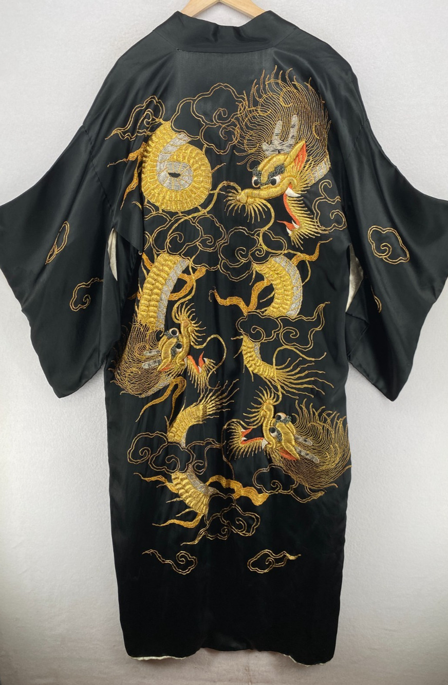 VIntage 1940s Kimono Robe Japanese Style Gold Dragon Embroidered Satin Black